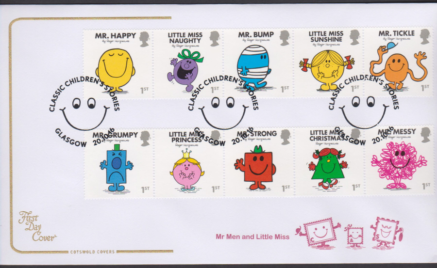 2016 -Mr Men & Little Miss , Cotswold First Day Cover,Classic Children Stories, Glasgow Postmark